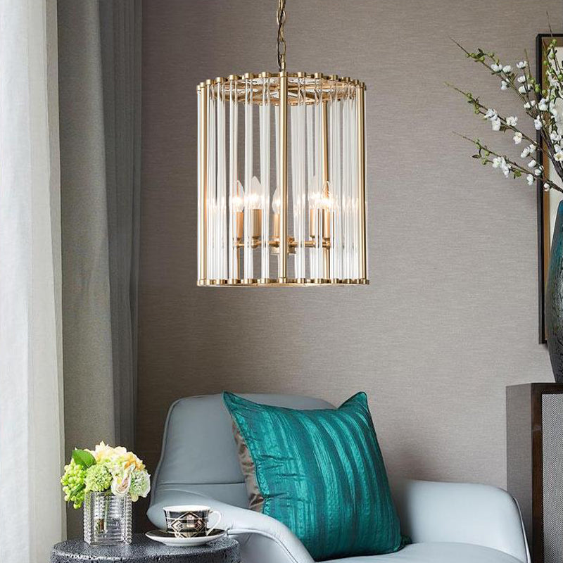 Crystal Cylinder Chandelier - Modern Brass Pendant Light - 3/5 Lights