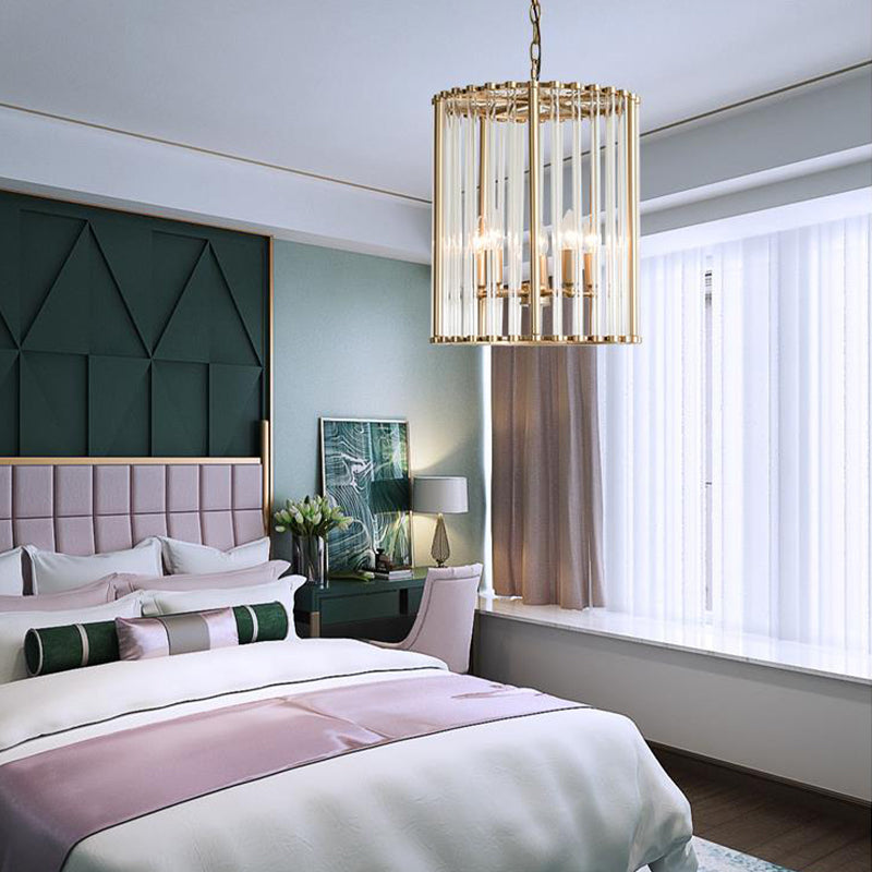 Crystal Cylinder Chandelier - Modern Brass Pendant Light - 3/5 Lights