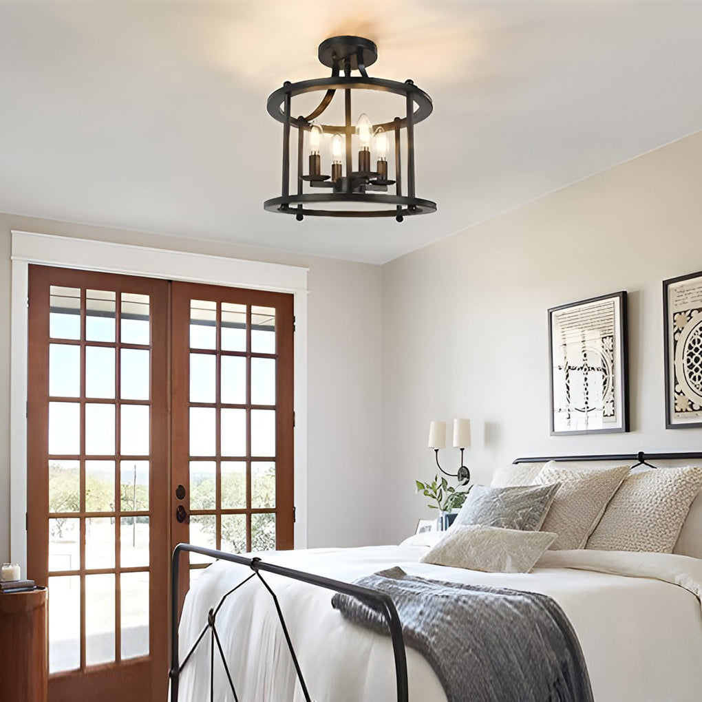 Industrial Metal Lantern Semi-Flush Ceiling Light in Black