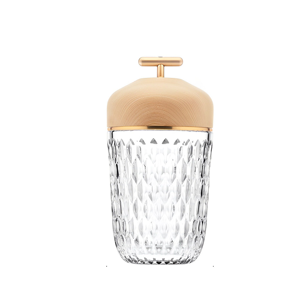 Crystal Glass Cup Table Lamp with Wooden Lid - Rechargeable LED
