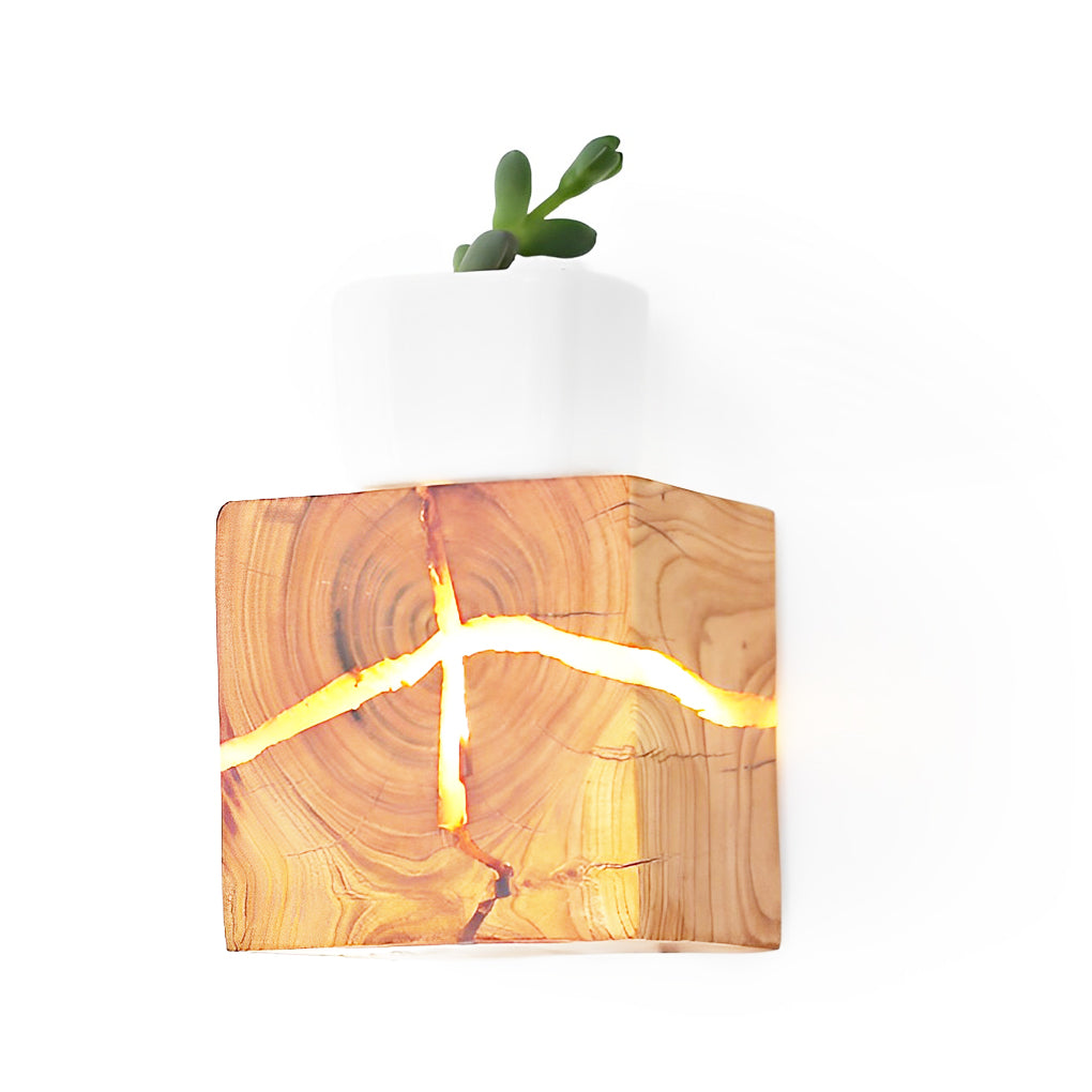 Rustic Wood Grain Square Wall Sconce with Cracked Design