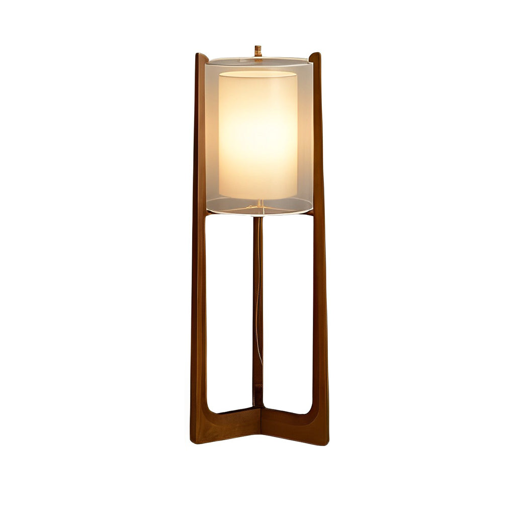 Rustic Wood Triangle Floor Lamp with Double Fabric Shade LED