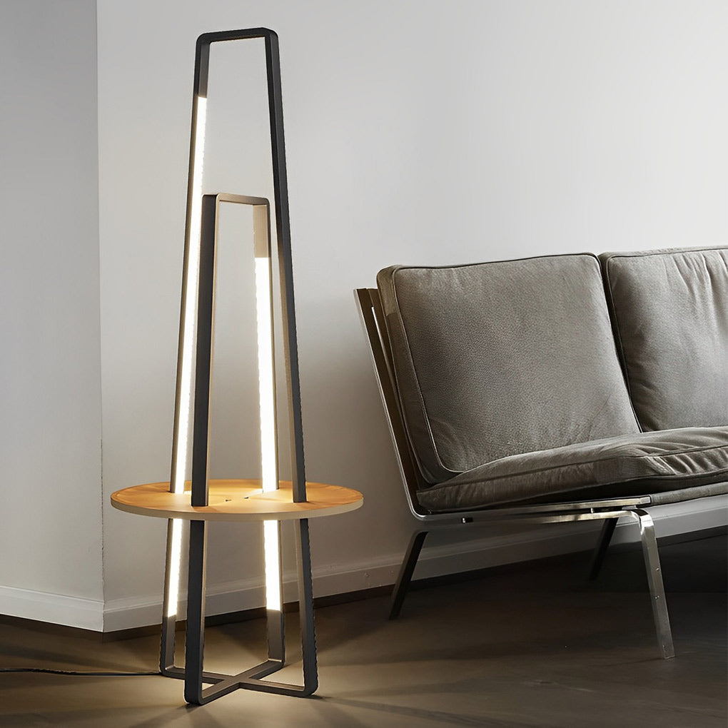 Modern LED Floor Lamp with Wooden Tray – 63" Tall Metal Stand