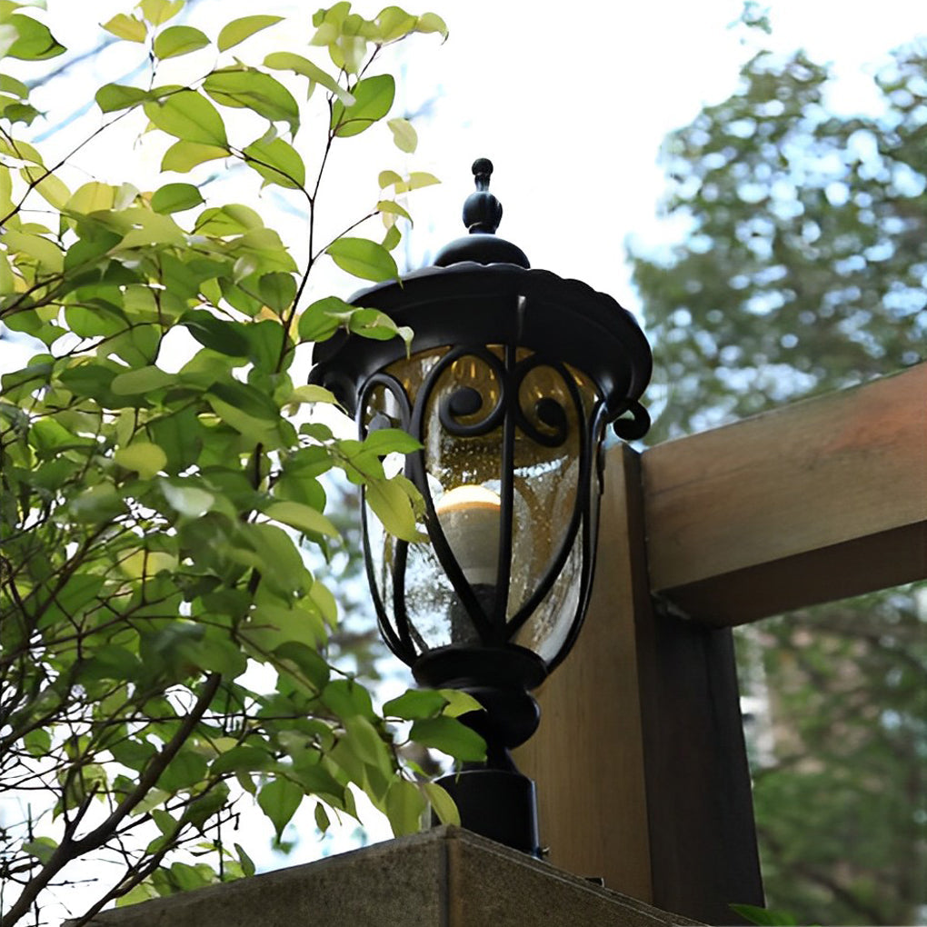 Bubble Glass Outdoor Post Light - Modern Black Aluminum Pillar Lamp