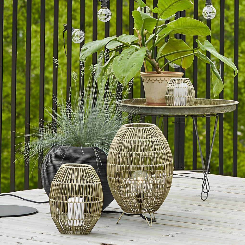 Handwoven Rattan Oval Cage Outdoor Floor Lamp - Rustic Modern