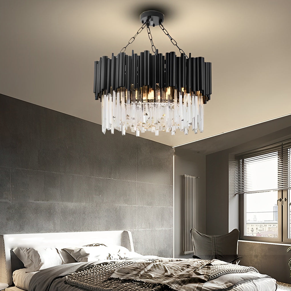 Modern Black Crystal Chandelier with Circular Metal Frame