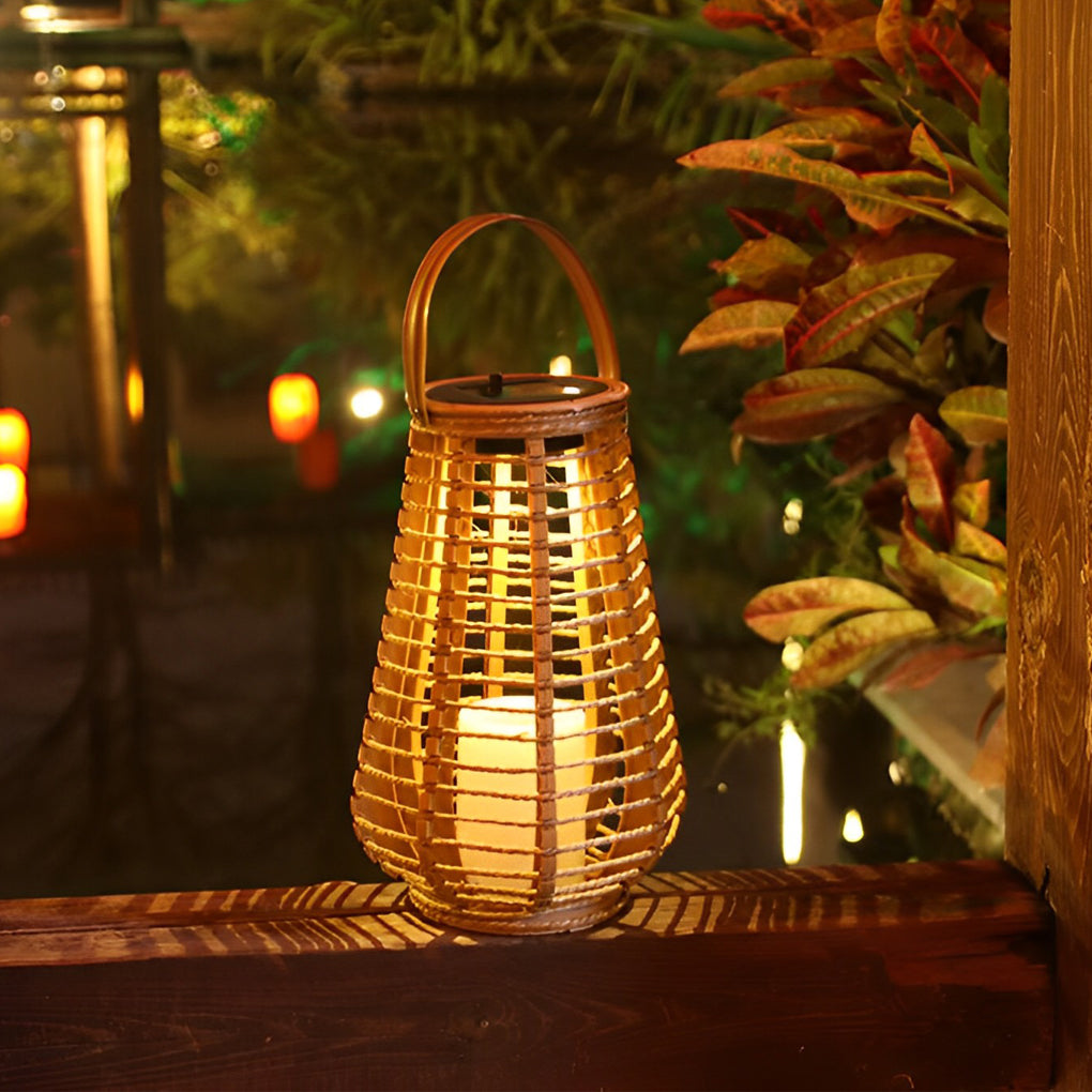 Rustic Rattan Solar Lantern – Portable Waterproof Outdoor LED Lamp