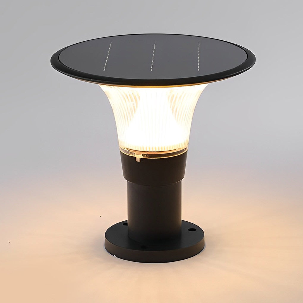 Round Solar Fence Post Light - Modern Black Aluminum Outdoor Pillar