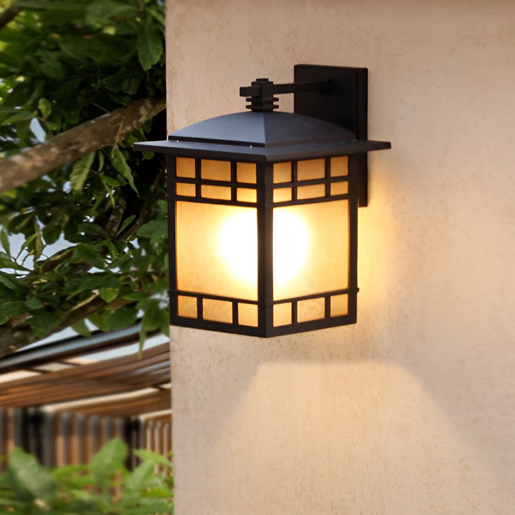 Retro Waterproof Outdoor Wall Light with Yellow Glass Shade