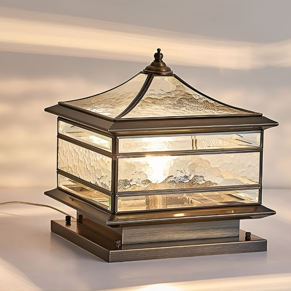 Vintage Copper Post Light with Tempered Glass Shade - Outdoor
