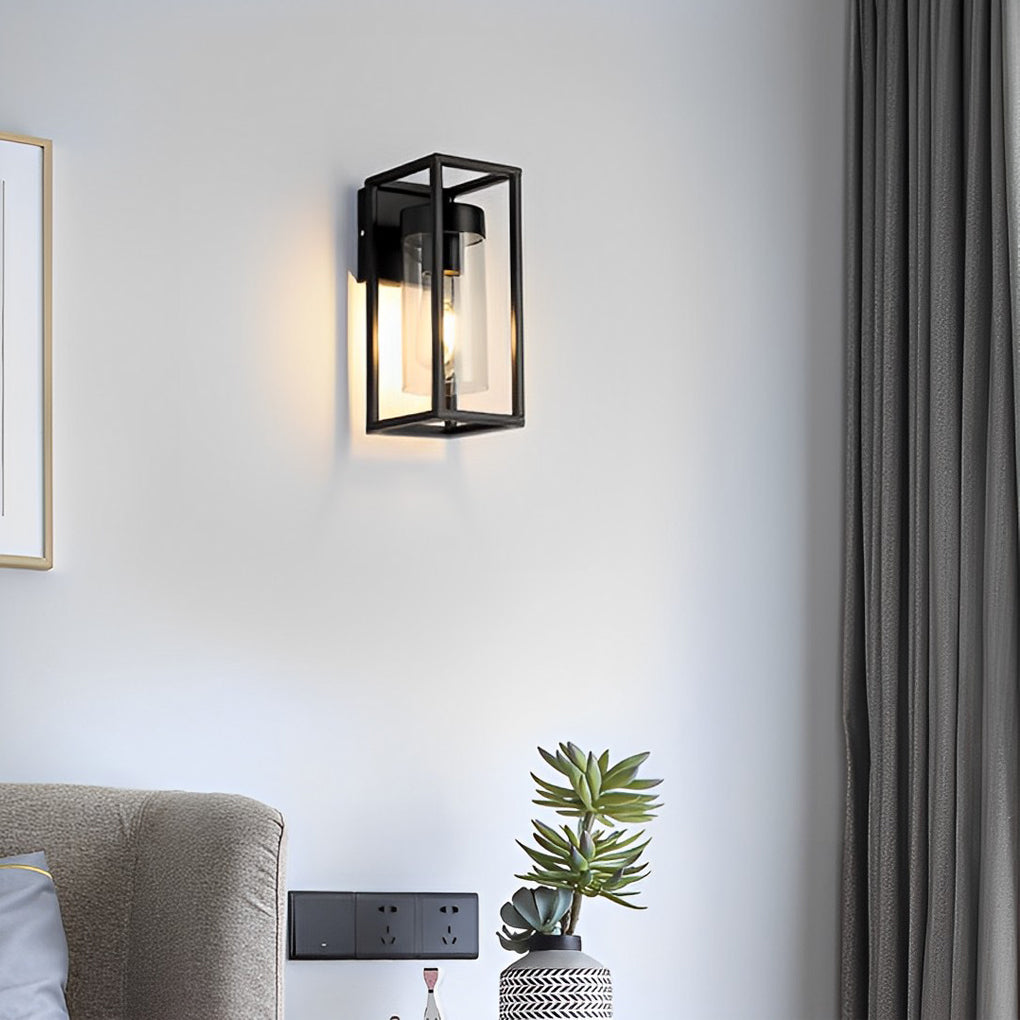Rectangular Glass Industrial Wall Sconce - Black Metal Frame