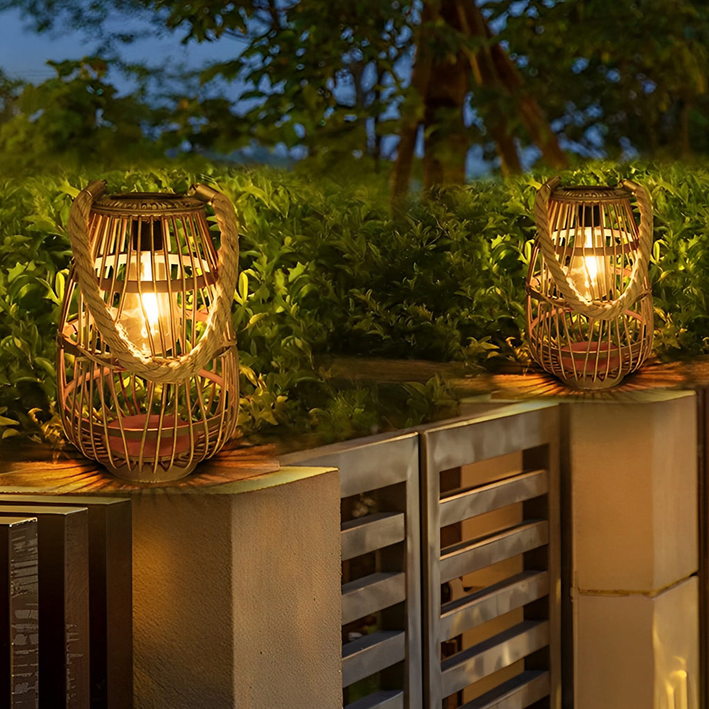 Portable Solar Bamboo Rattan Lantern LED Outdoor Garden Light