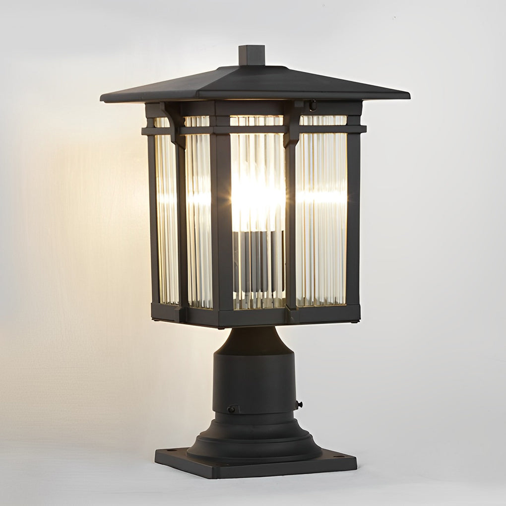 Striped Glass Shade Modern Outdoor Post Light Black Aluminum