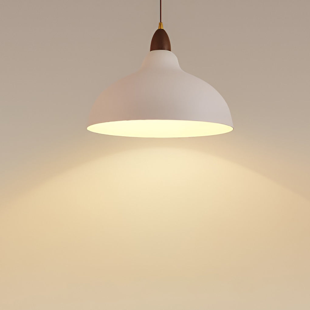 Modern Round Pendant Light with Walnut Accent - White Metal 12W