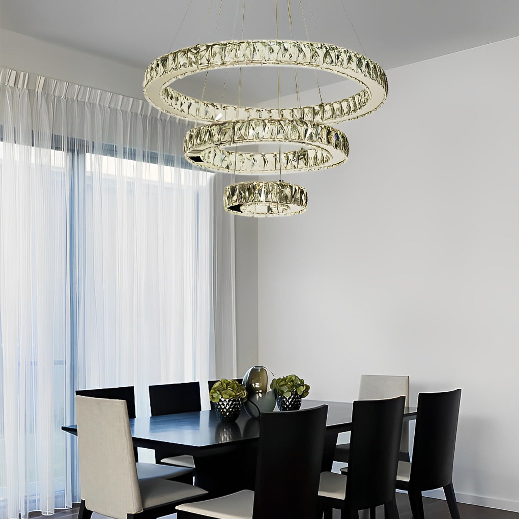 Crystal LED Chandelier 3-Tier Modern Geometric Ring Pendant Light