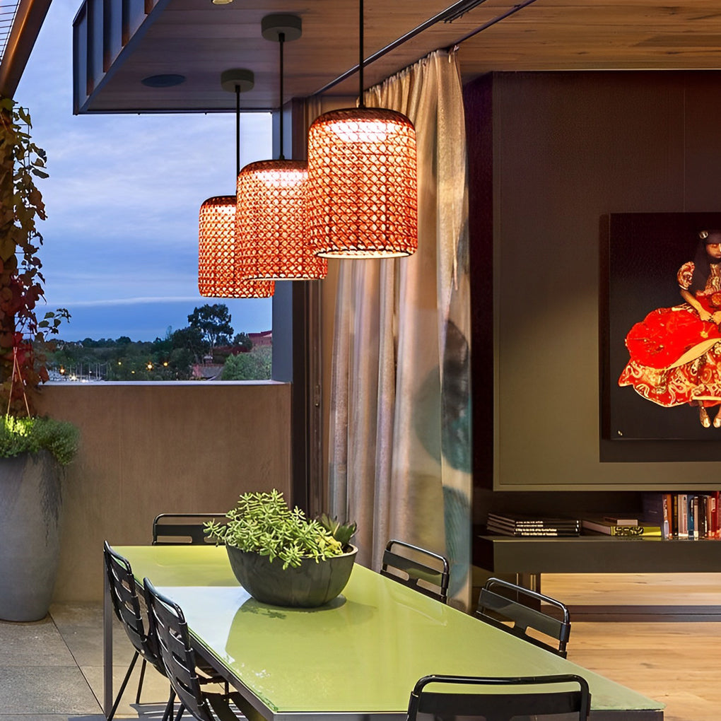 Waterproof LED Rattan Lantern Outdoor Pendant Light - Red