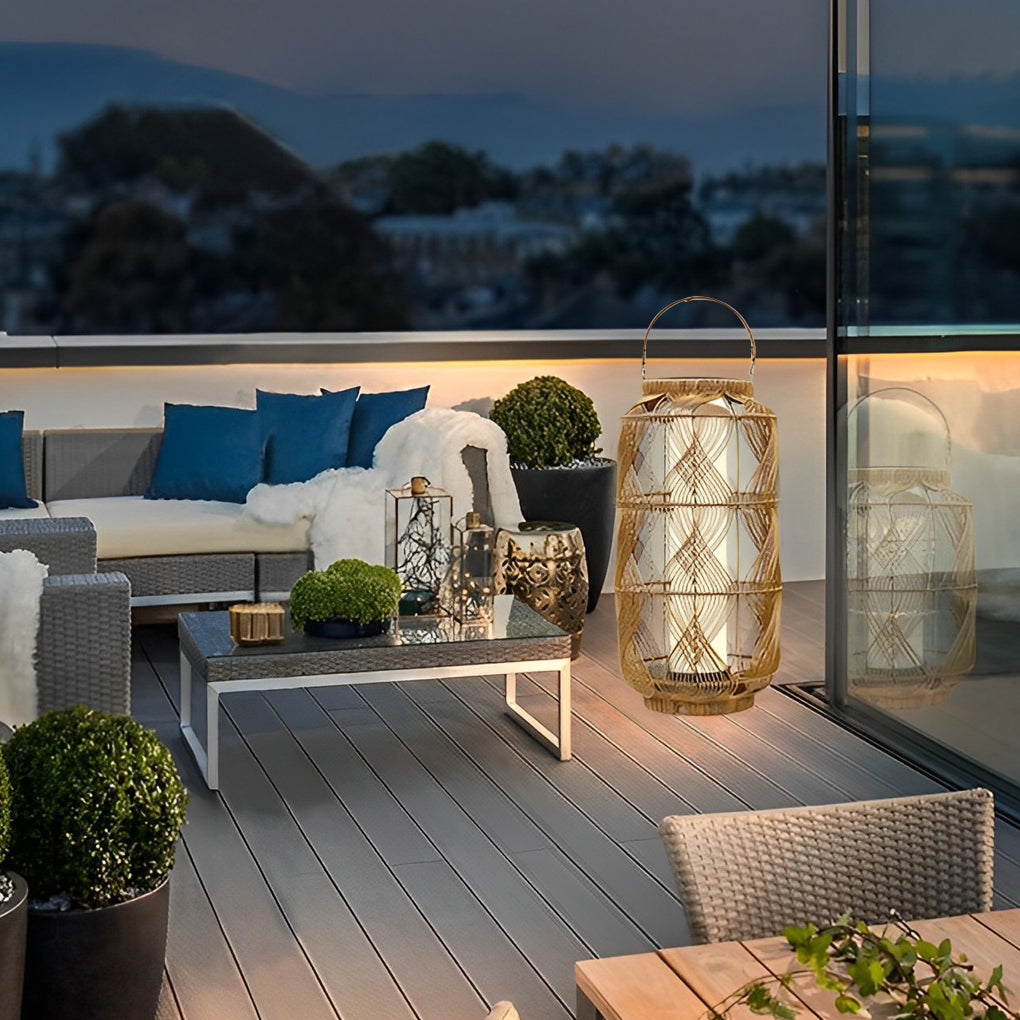 Rattan Solar Floor Lamp with Portable Handle for Outdoor Garden