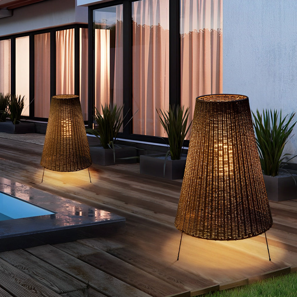 Rattan Tripod Outdoor Floor Lamp with Integrated LED