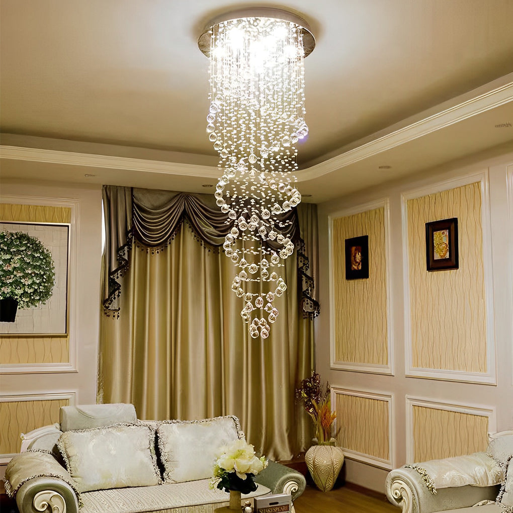 Double Spiral Crystal LED Staircase Chandelier with 3-Step Dimming
