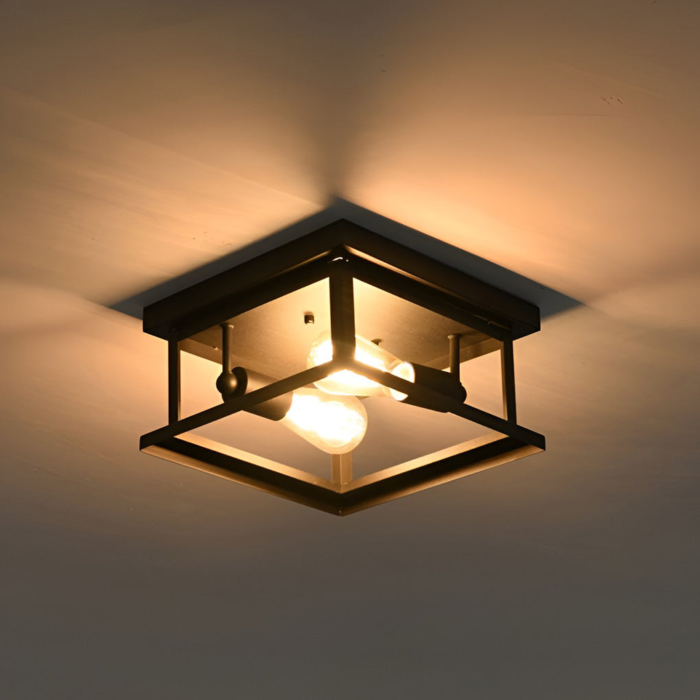 Square Industrial Flush Mount Ceiling Light – Black Metal Frame