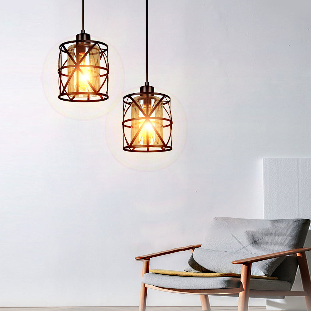 Industrial Black Iron Glass Cage Pendant Light