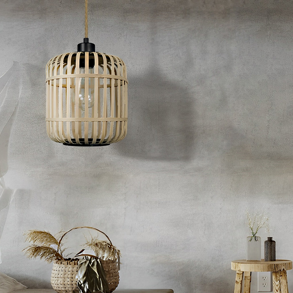 Handwoven Rattan Lantern Pendant Light - Rustic Modern Ceiling Lamp