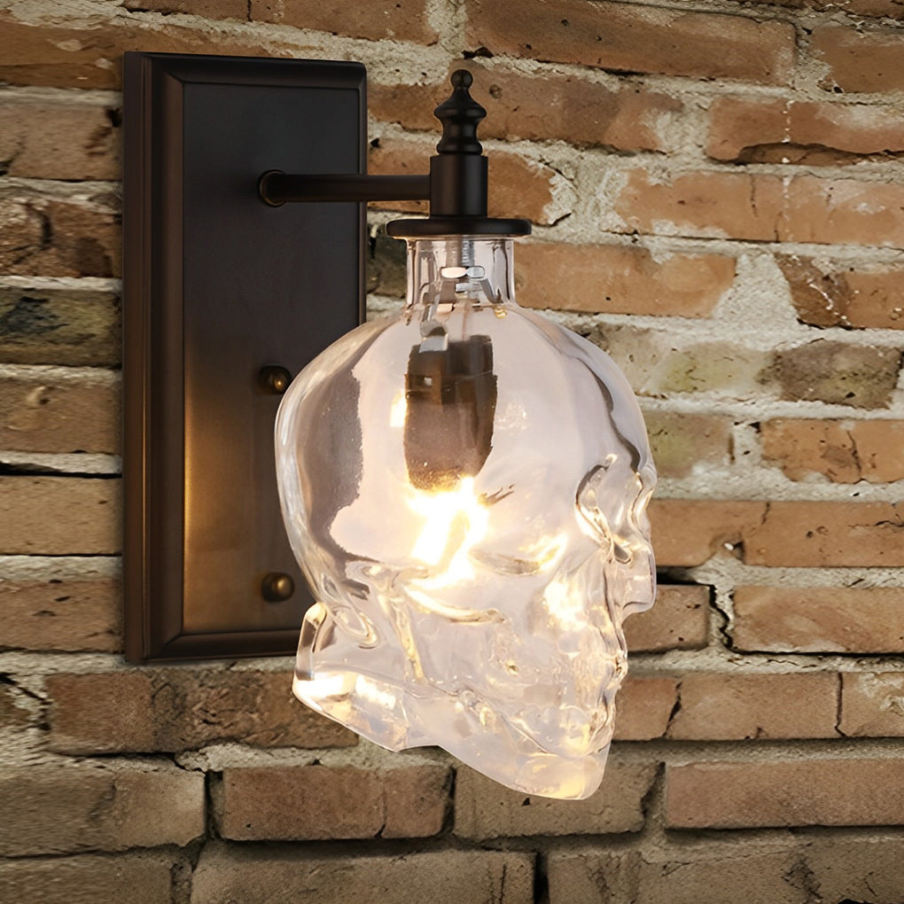 Skull Head Glass Wall Sconce – Industrial Black Iron LED Lamp