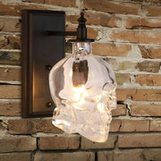 Skull Head Glass Wall Sconce – Industrial Black Iron LED Lamp
