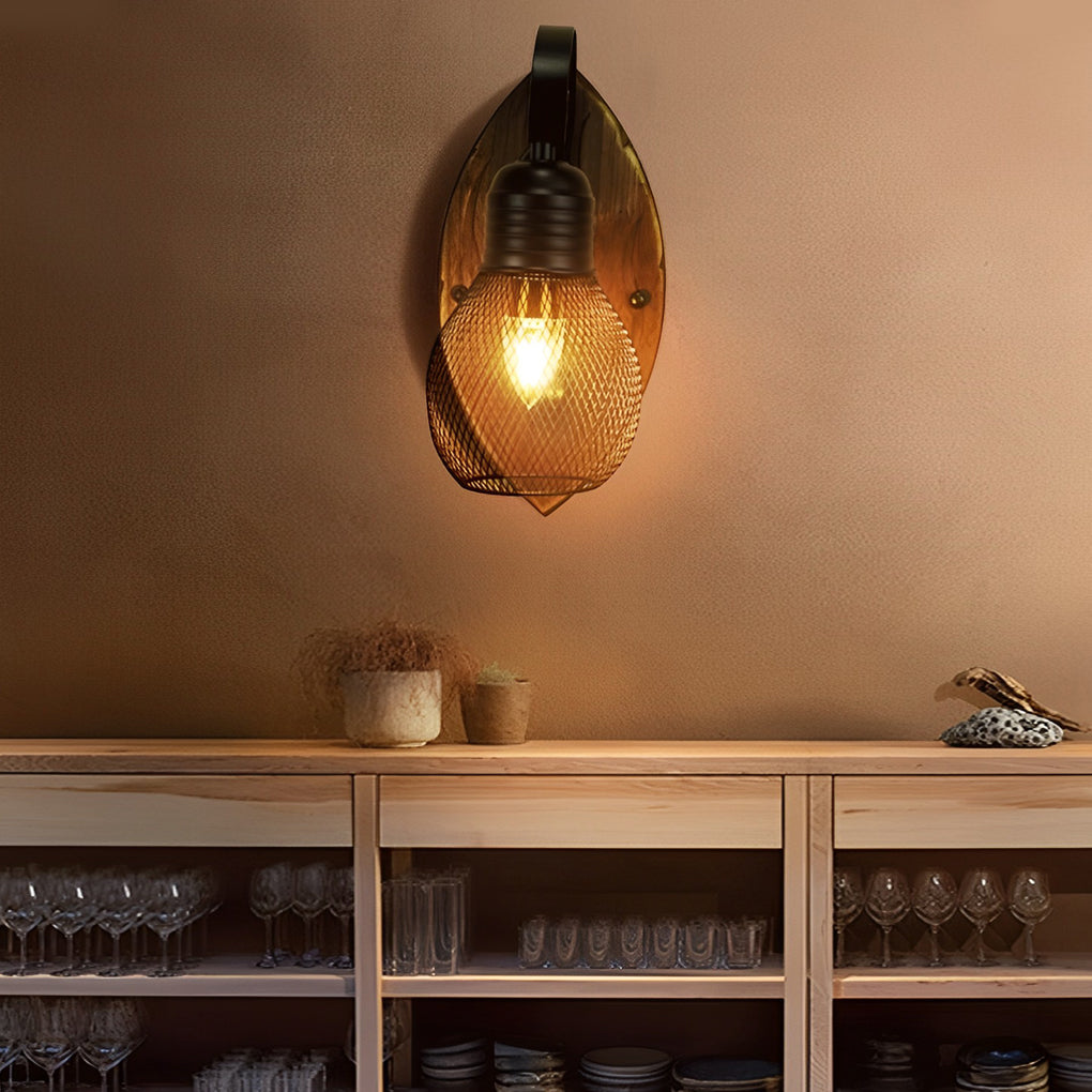 Industrial Wood & Iron Mesh Wall Sconce - Black E27 Fixture
