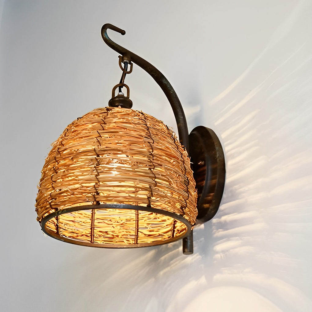 Hand-Woven Rattan Rustic Wall Sconce with Iron Frame