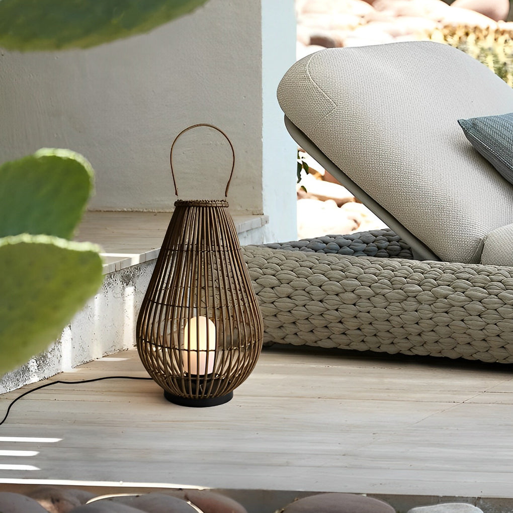 Handwoven Rattan Outdoor Lantern with Handle - Modern Floor Lamp