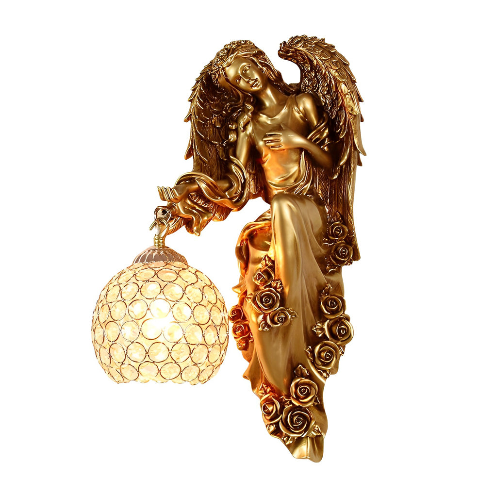 Crystal Angel Wall Sconce - Antique Gold Resin European Design