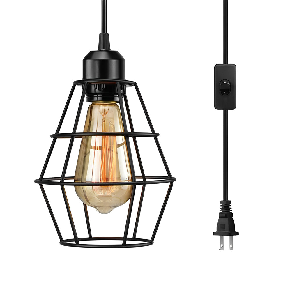 Industrial Cage Pendant Light with Button Switch Black Metal