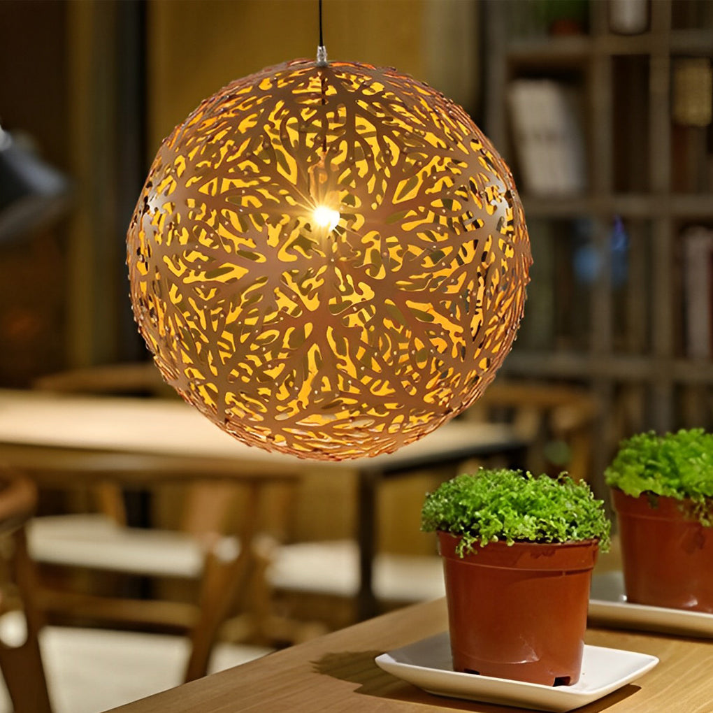 Handmade Hollowed Ball Basswood Pendant Light Modern Chandelier