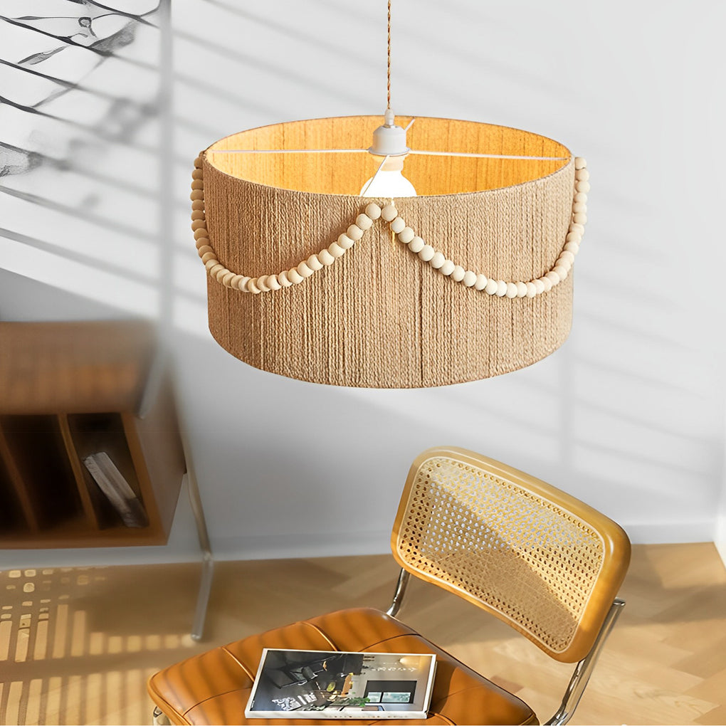 Boho Hemp Rope Pendant Light with Wooden Bead Tassels