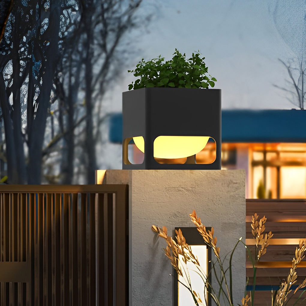 Square Waterproof Planter Post Light Modern Black Outdoor LED