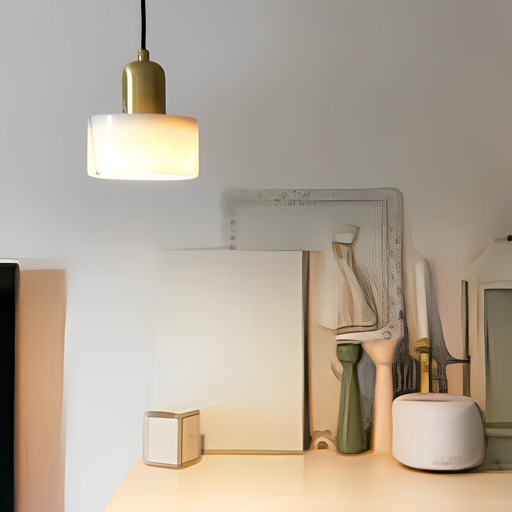 Vintage Circular Pendant Light with Electroplated Metal & Marble Shade