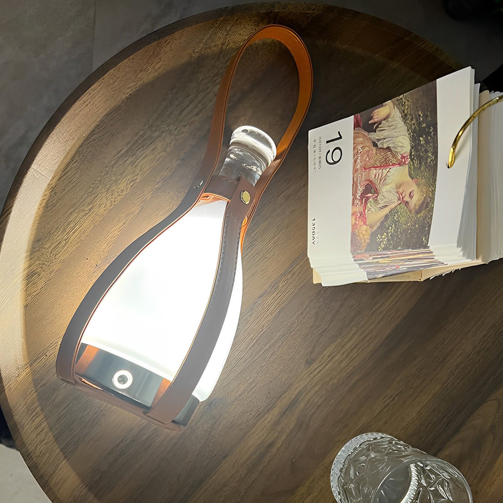 Mid-Century Cordless Lantern Table Lamp with Leather Handle