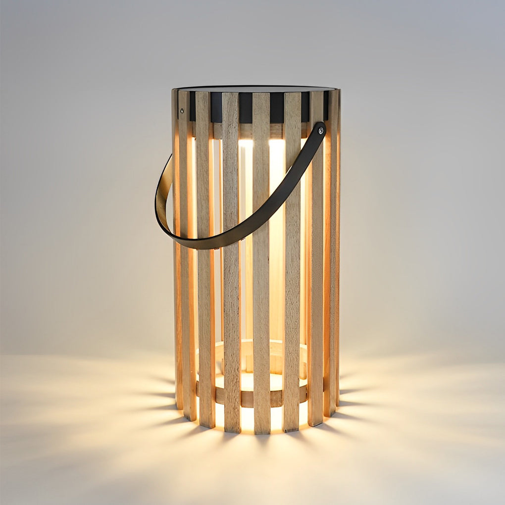 Solar Wooden Lantern Floor Lamp with Aluminum Handle - Waterproof