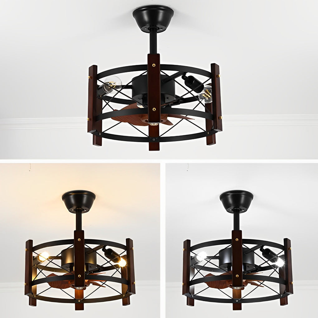 Industrial Caged Ceiling Fan with Light - Black Metal Farmhouse