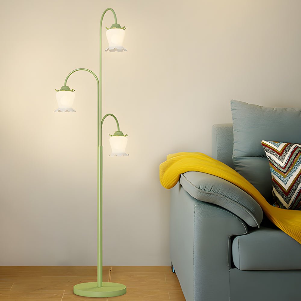 3-Light Green Tulip Arc Floor Lamp with Dimmable Glass Shades