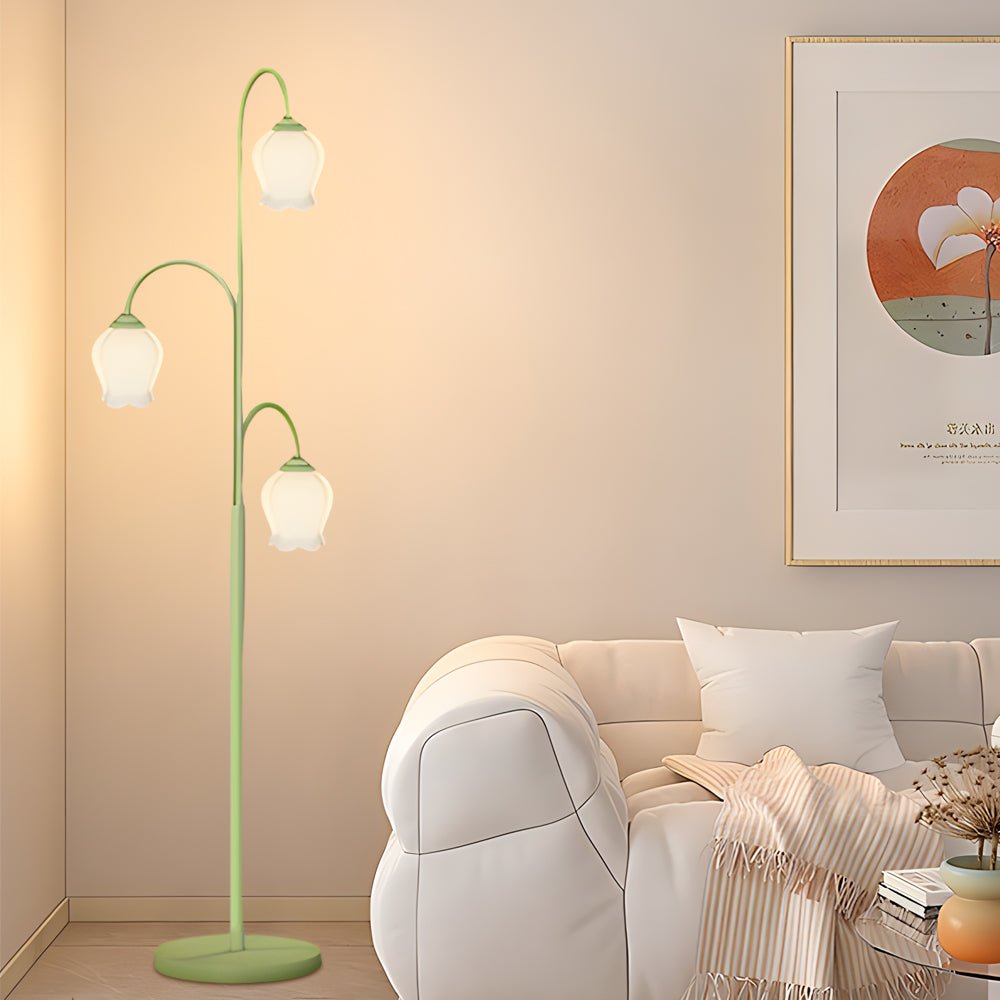 3-Light Green Tulip Arc Floor Lamp with Dimmable Glass Shades