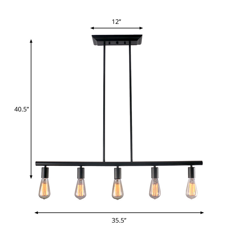 Vintage 5-Light Black Metal Linear Island Pendant for Dining Room