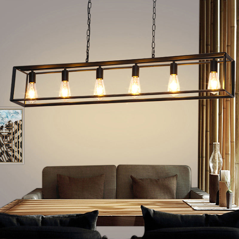 Black & Brass Rectangle Island Pendant – 6-Light Metal Dining Fixture