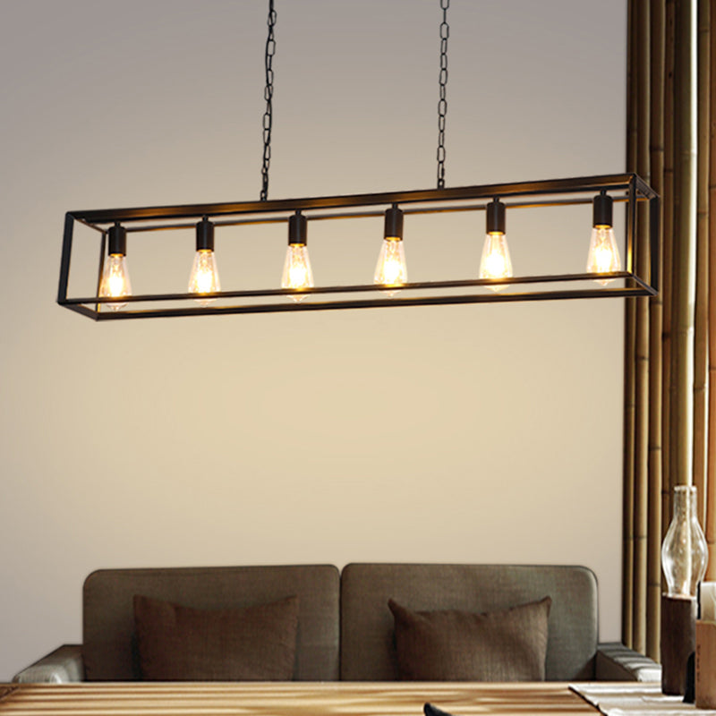 Black & Brass Rectangle Island Pendant – 6-Light Metal Dining Fixture