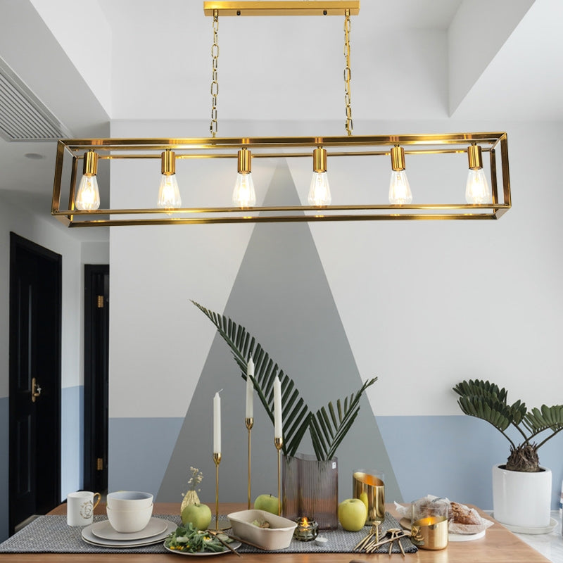Black & Brass Rectangle Island Pendant – 6-Light Metal Dining Fixture