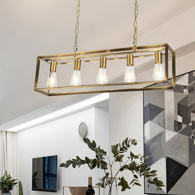 Black & Brass Rectangle Island Pendant – 6-Light Metal Dining Fixture