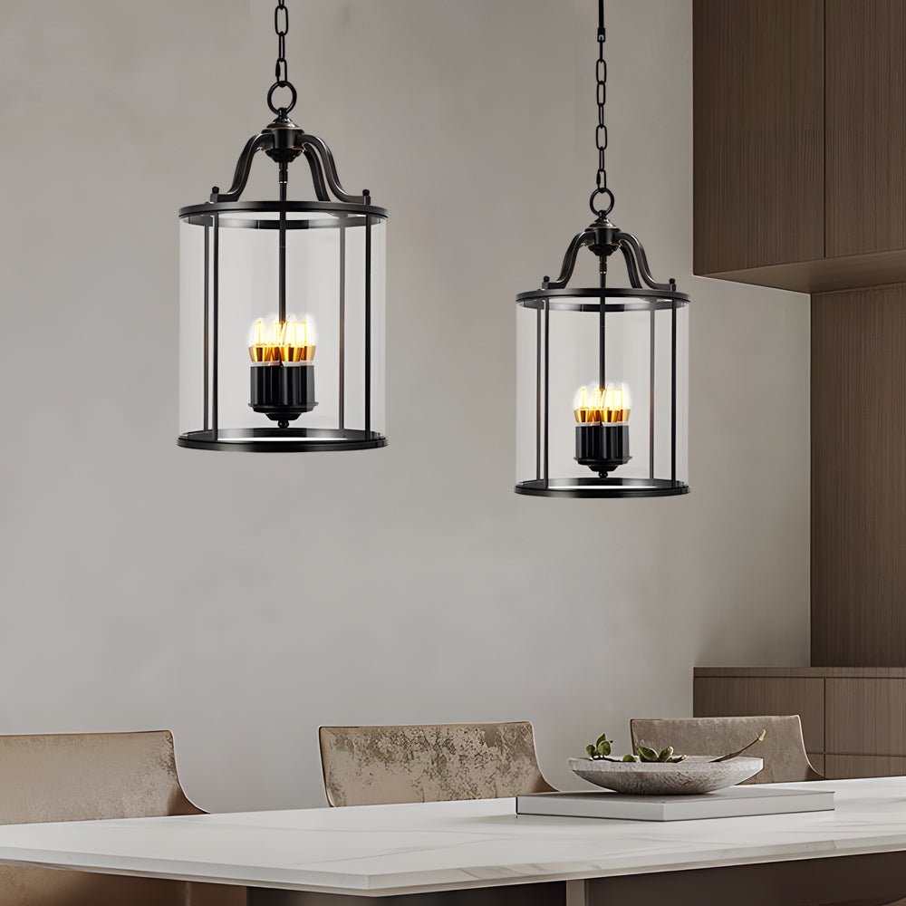 Vintage Cylinder Glass Lantern Pendant Light - Black & Brass