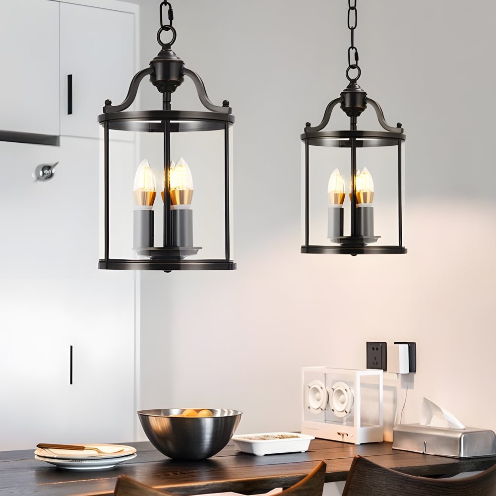 Vintage Cylinder Glass Lantern Pendant Light - Black & Brass