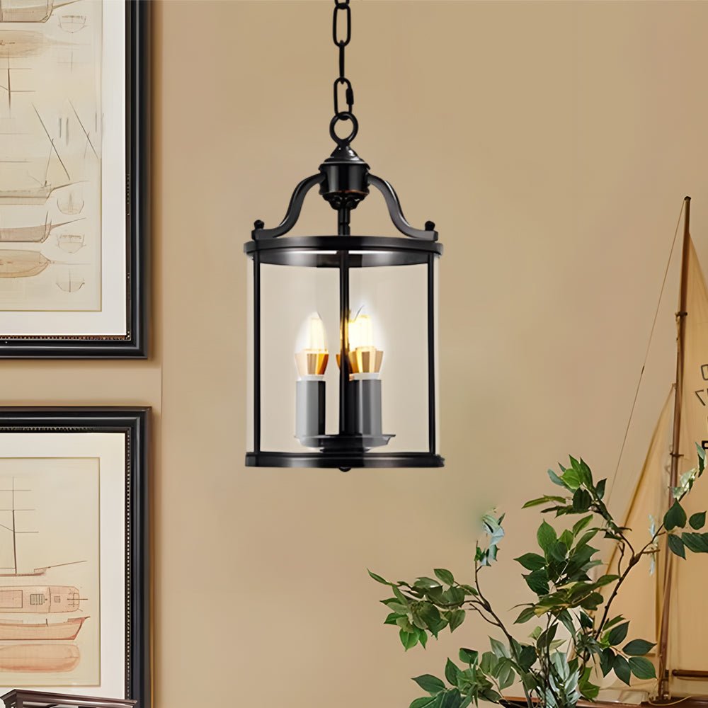 Vintage Cylinder Glass Lantern Pendant Light - Black & Brass